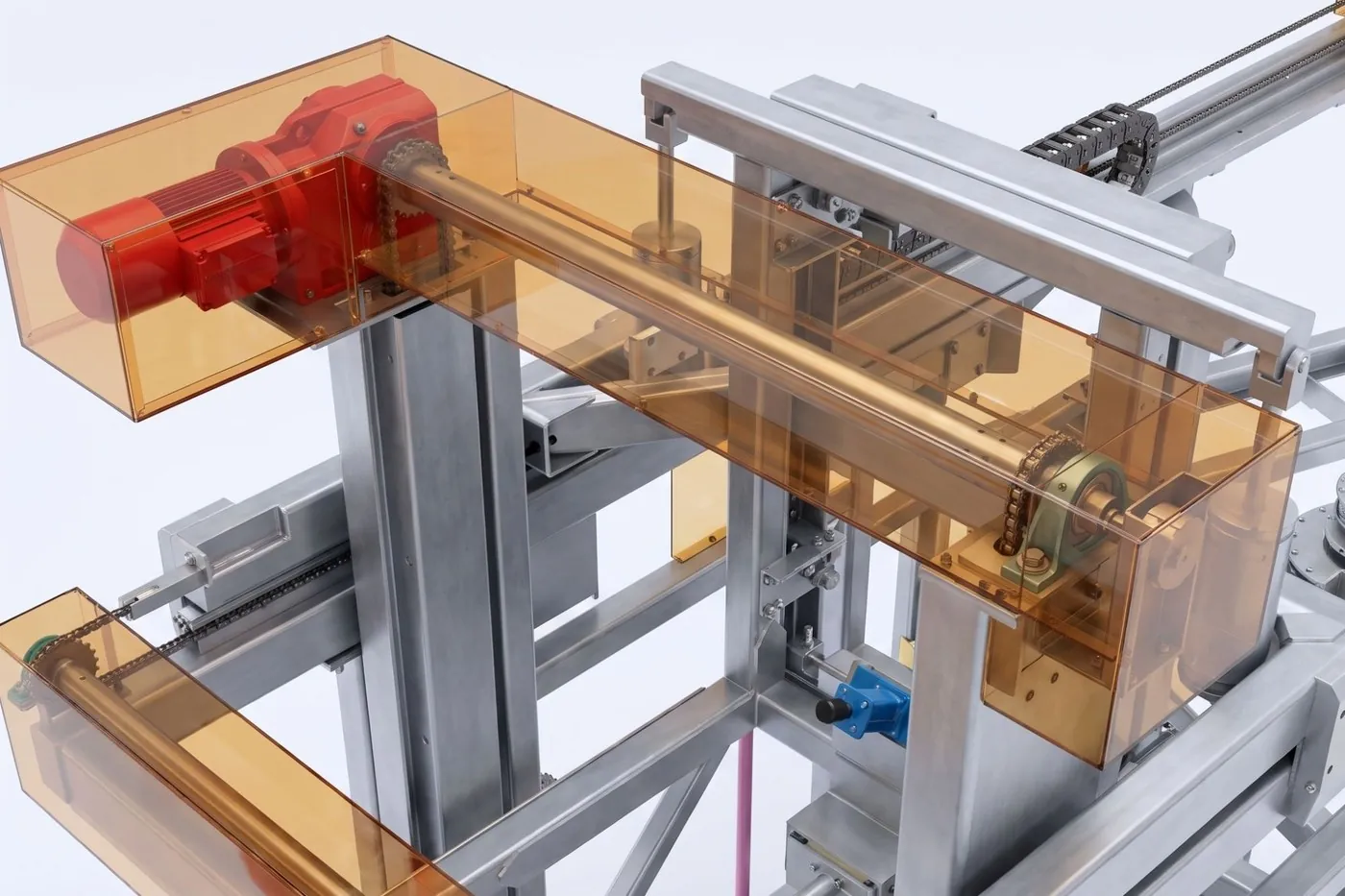 CAD model of a machine with drive units and guards