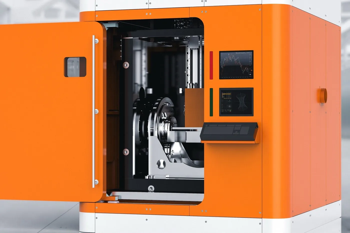 Industrial machine in an orange sheet-metal enclosure