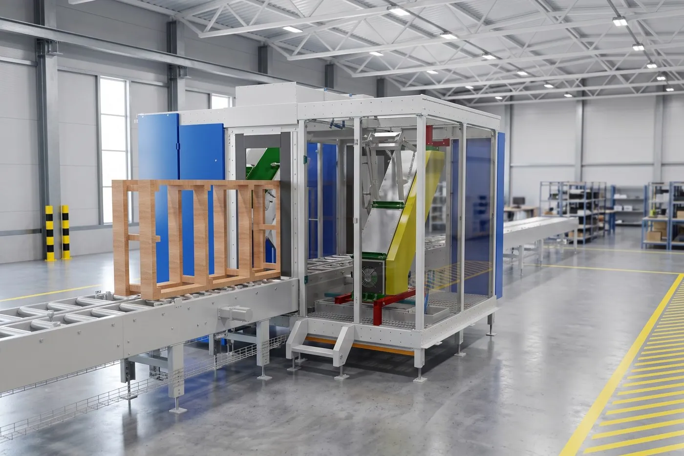 Palletizing cell with safety guarding in a warehouse