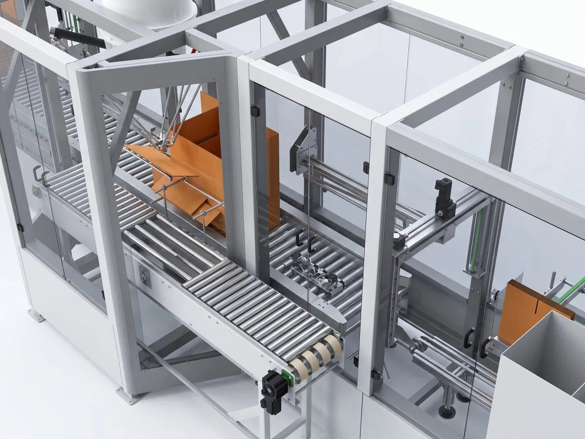 Automated packaging line with a delta robot and roller conveyors