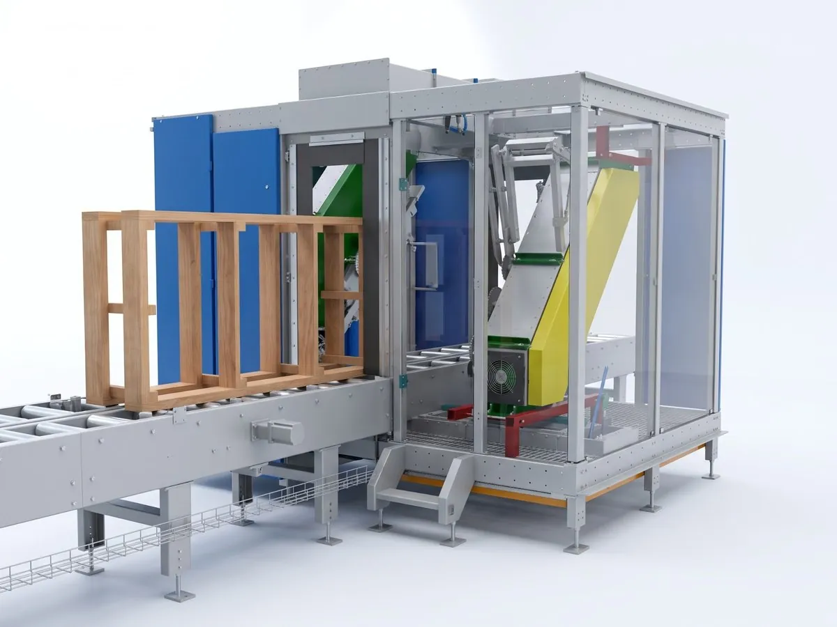 Palletizing machine with a wooden frame on the infeed