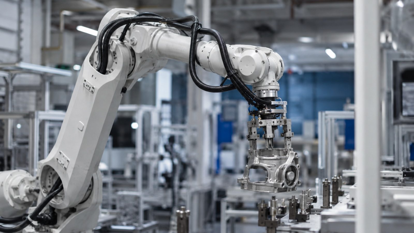 Industrial robot arm handling a machined part