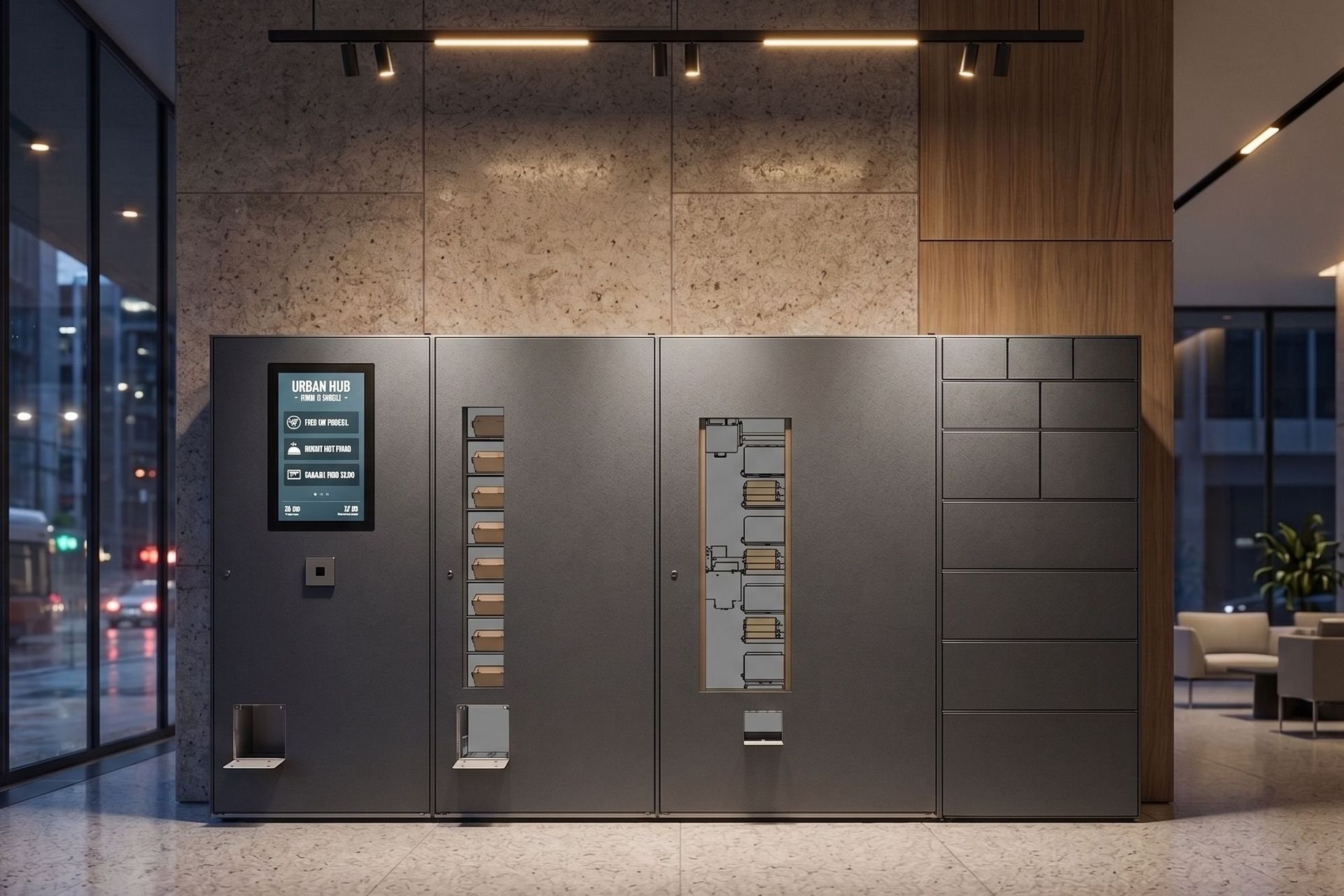Dark urban-branded automated store in an office lobby